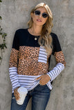 Brown Leopard Striped Patchwork Long Sleeve Top with Pocket