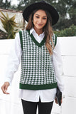 Women's Green V Neck Argyle Plaid Knitted Sweater Vest