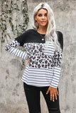 Brown Leopard Striped Patchwork Long Sleeve Top with Pocket