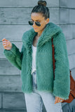 Green Collared Side Pockets Winter Fuzzy Coat