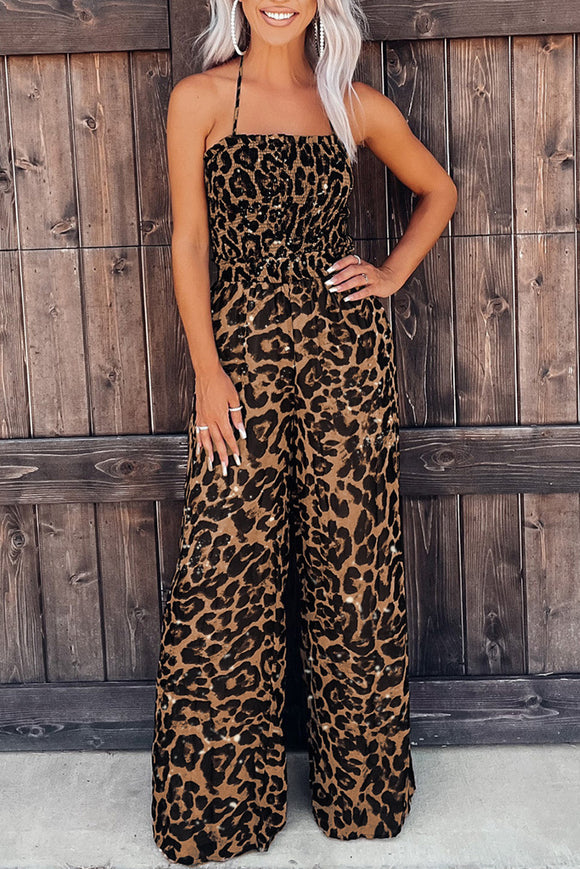 Women's Brown Leopard Print Halter Neck Wide Leg Jumpsuit