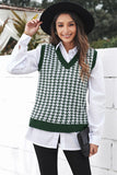 Women's Green V Neck Argyle Plaid Knitted Sweater Vest