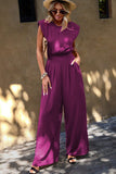 Women's Plum Padded Shoulder, Slant Pocket Wide Leg Jumpsuit