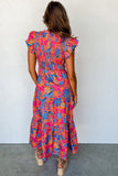 Pink Floral Print Ruffled Sleeveless Plus Size Long Dress
