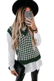 Women's Green V Neck Argyle Plaid Knitted Sweater Vest