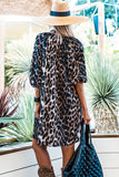 Women's Black Leopard Puff Sleeve Buttons Shirt Dress