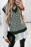 Women's Green V Neck Argyle Plaid Knitted Sweater Vest