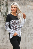 Brown Leopard Striped Patchwork Long Sleeve Top with Pocket