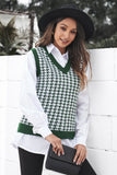 Women's Green V Neck Argyle Plaid Knitted Sweater Vest