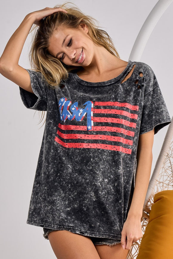 Black US Flag Washed Laser Cut T-Shirt