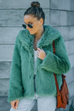 Green Collared Side Pockets Winter Fuzzy Coat