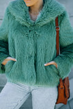 Green Collared Side Pockets Winter Fuzzy Coat