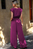 Women's Plum Padded Shoulder, Slant Pocket Wide Leg Jumpsuit