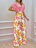 Printed Surplice Top and Wide Leg Pants Set