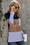 Brown Leopard Striped Patchwork Long Sleeve Top with Pocket