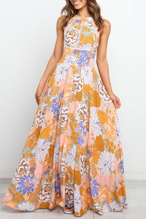 Women's Orange Boho Floral Sleeveless Maxi Dress