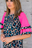 Women's Pink Layered Ruffle Sleeves Leopard Print Blouse