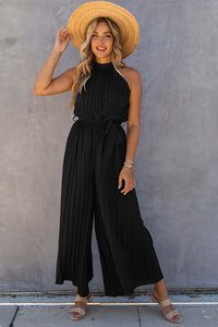 Women's Halter Neck Pleated Wide Leg Jumpsuit