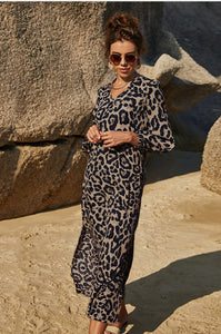 Women's Brown Leopard Print V Neck Split Dress