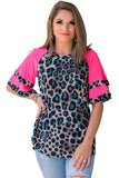 Women's Pink Layered Ruffle Sleeves Leopard Print Blouse